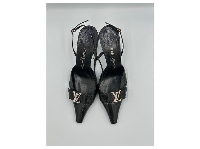 Slender Louis Vuitton Décolleté Slingback Pelle di Serpente Nera Logo LV Cristalli Nero - vista 10