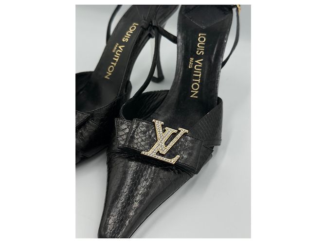 Slender Louis Vuitton Décolleté Slingback Pelle di Serpente Nera Logo LV Cristalli Nero - vista 12