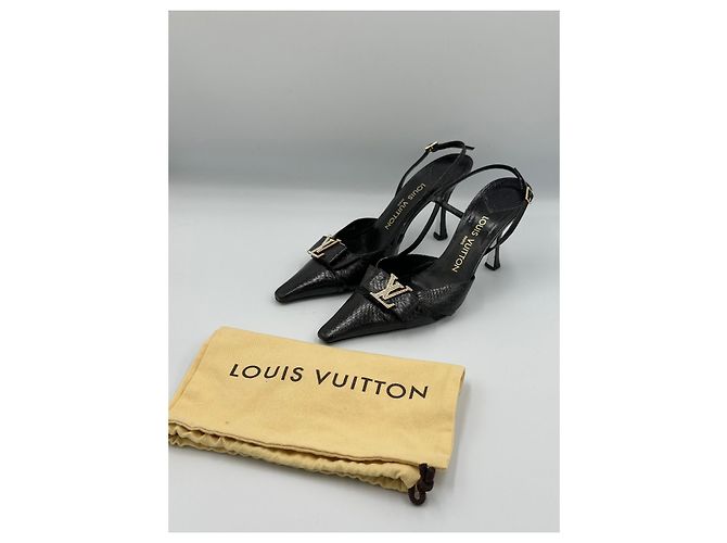 Slender Louis Vuitton Décolleté Slingback Pelle di Serpente Nera Logo LV Cristalli Nero - vista 2