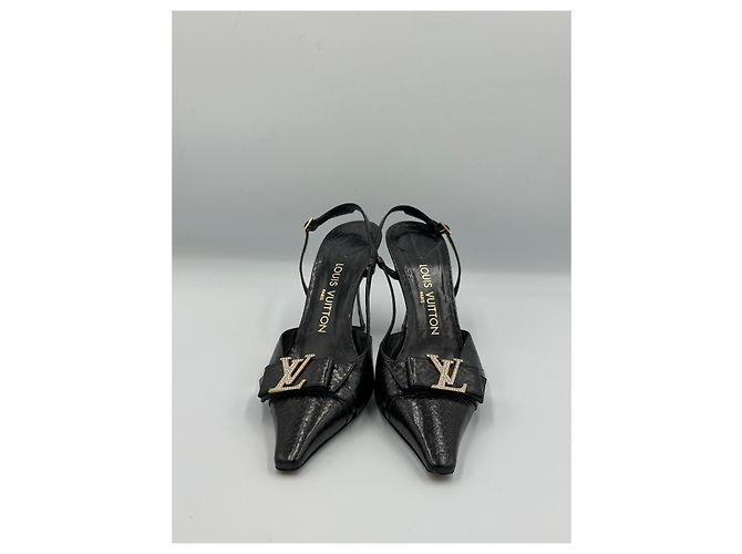 Slender Louis Vuitton Décolleté Slingback Pelle di Serpente Nera Logo LV Cristalli Nero - vista 4