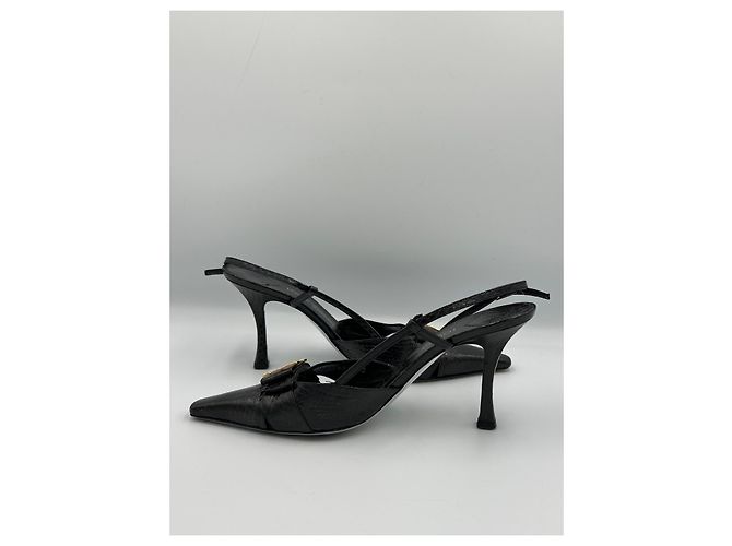 Slender Louis Vuitton Décolleté Slingback Pelle di Serpente Nera Logo LV Cristalli Nero - vista 7