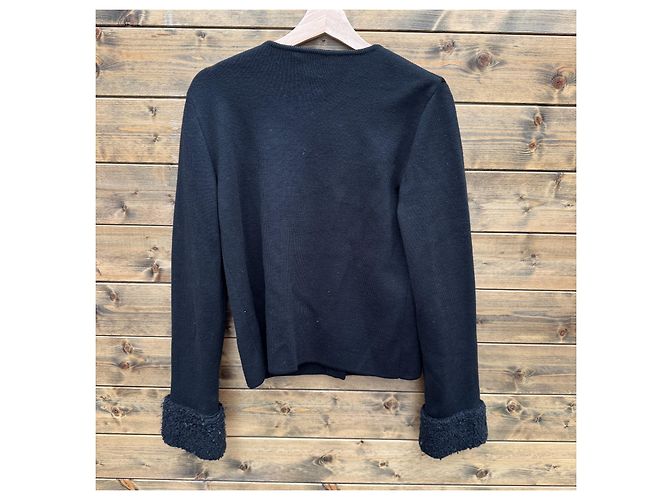 Max Mara Schwarzer Strickcardigan mit Pelzbesatz an den Ärmelbündchen - Ansicht 2