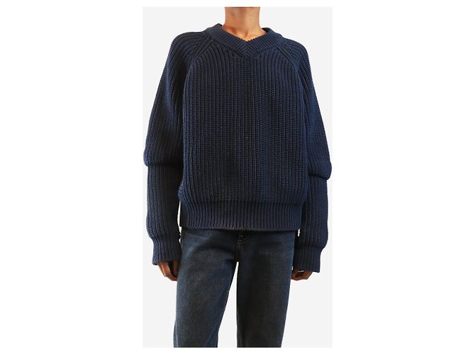 Autre Marque Navy gerippter V-Ausschnitt-Pullover - Größe S Marineblau - Ansicht 3