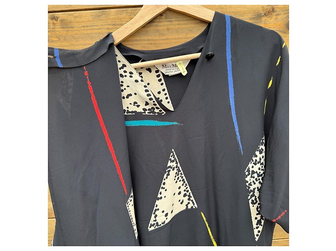 Max Mara Vestido Maxi de Seda Pura Seta Estampado Abstracto Negro Blanco Roja Azul Amarillo Verde claro - vista 4