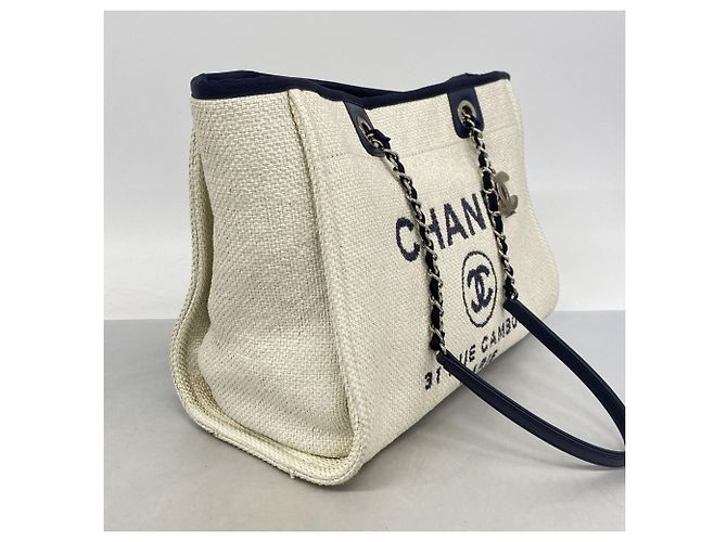 Chanel Deauville Stroh-Tote-Bag mit Kette Marineblau - Ansicht 2