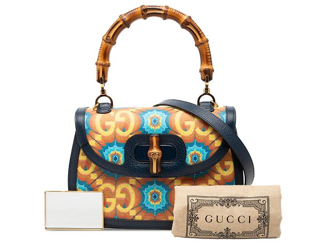 Borsa Gucci Blue 100th Anniversary Medium GG Coated Canvas Kaleidoscope 1947 Bamboo Top Handle - vista 7