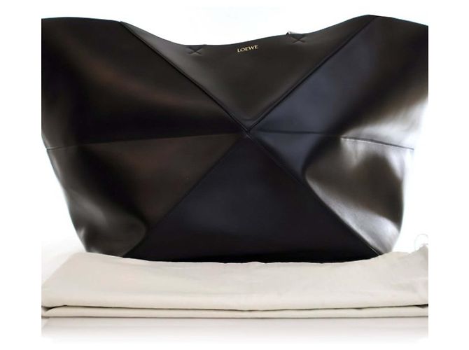 LOEWE Tote Pieghevole Puzzle in pelle di vitello lucida nera XXL Nero - vista 10
