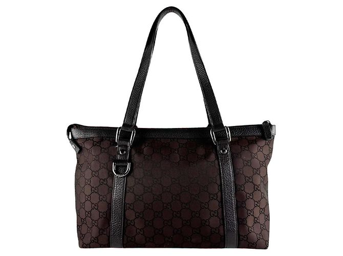 Borsa a mano Gucci in tela nylon marrone e pelle - vista 3