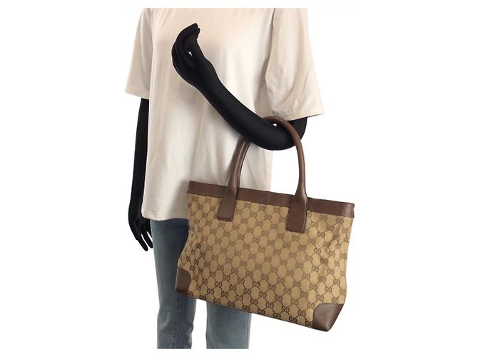 Borsa Tote in tela GG marrone e beige e pelle Gucci - vista 7