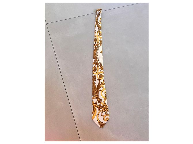 Hermès Silk Tie with Gold Baroque Pattern White Golden - view 4
