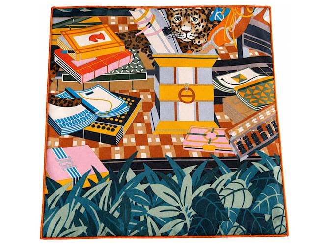 Hermès Seidenschal Les 12 Léopards Braun Pink Blau Mehrfarben Grün Orange - Ansicht 3