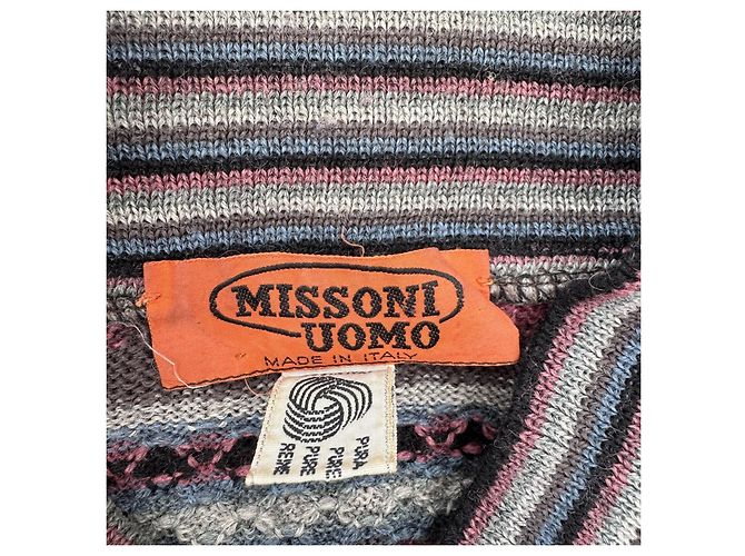 Missoni Uomo Mehrfarbiger Gestreifter Wollpullover Schwarz Pink Weiß Blau Grau - Ansicht 3