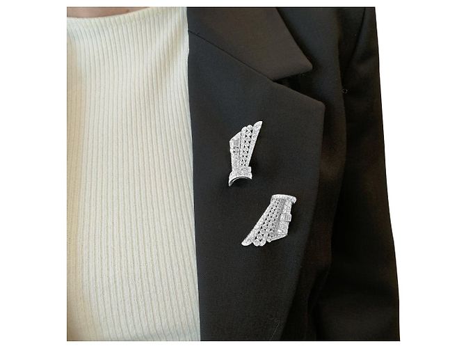 Autre Marque Spilla a doppio clip, "Noeud", oro bianco, platino e diamanti. - vista 8