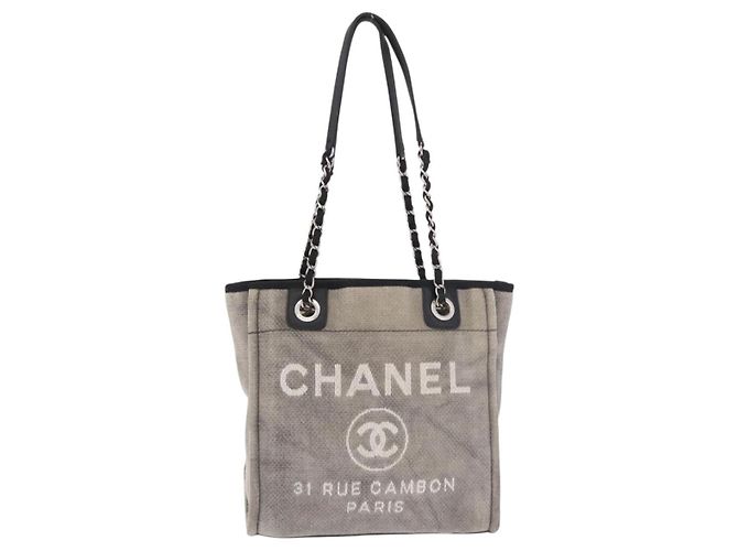 CHANEL Deauville Line Chain Canvas Tote Bag Grau Silber CC Authentisch bs35696 Braun - Ansicht 13