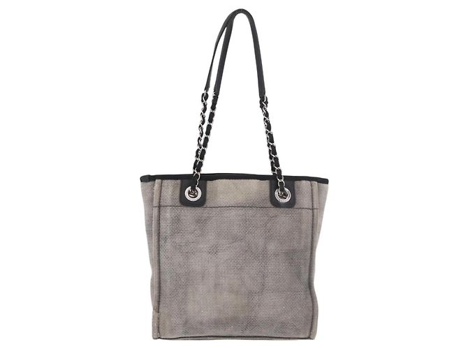 CHANEL Deauville Line Chain Canvas Tote Bag Grau Silber CC Authentisch bs35696 Braun - Ansicht 2