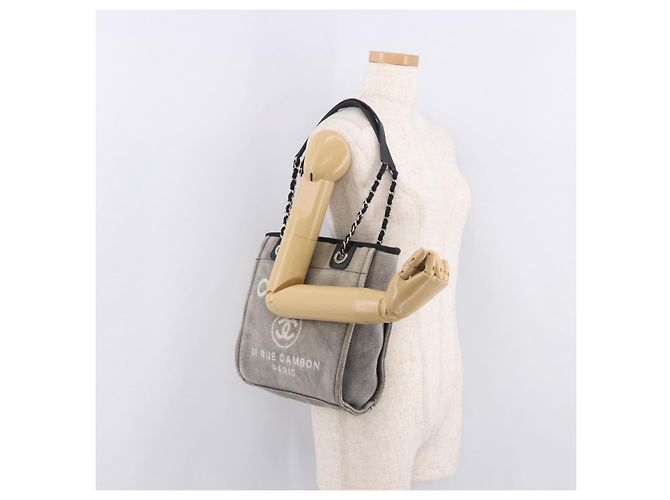 CHANEL Deauville Line Chain Canvas Tote Bag Grau Silber CC Authentisch bs35696 Braun - Ansicht 25