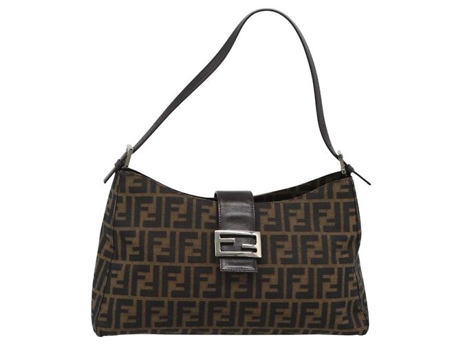 FENDI Zucca Canvas Mamma Baguette Shoulder Bag Black Brown Auth 188964V Marrone Nero - vista 13