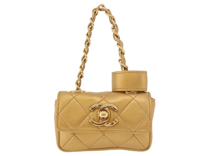 CHANEL Matelasse Chain Pouch Lamb Skin Gold CC Auth bs35703V D'oro - vista 13