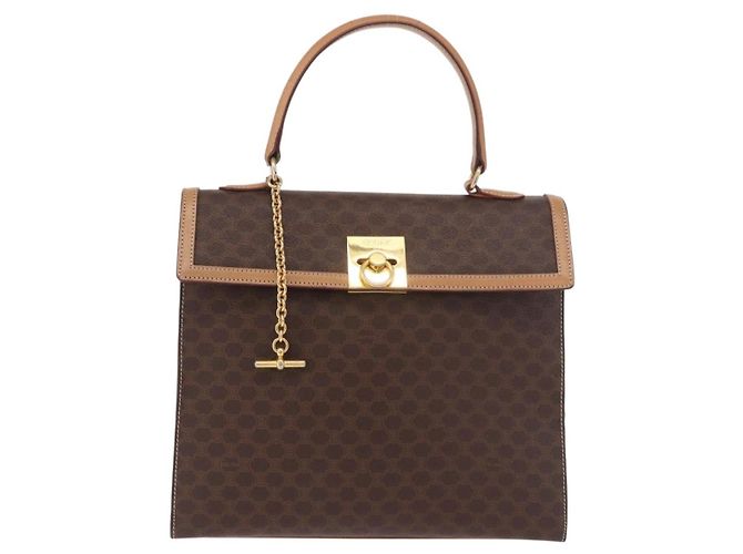 Céline Borsa CELINE Macadam Canvas PVC Pelle Marrone Oro Auth bs35662 D'oro - vista 13