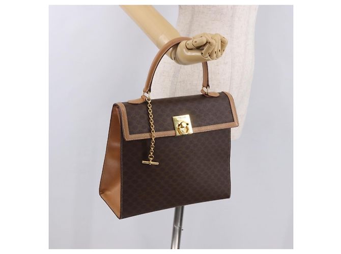 Céline Borsa CELINE Macadam Canvas PVC Pelle Marrone Oro Auth bs35662 D'oro - vista 25