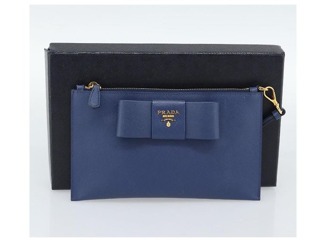 Saffiano Clutch PRADA Safiano Blu Oro Auth BA13647V D'oro - vista 12
