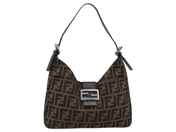 FENDI Zucca Canvas Mamma Baguette Shoulder Bag Black Brown Auth 189068V Marrone Nero - vista 13