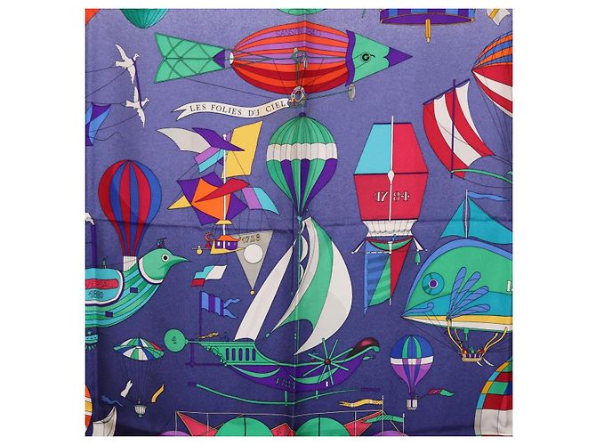 Hermès Sciarpa HERMES Carre90 in seta "LES FOLIES DU CIEL" Blu Autentica 188021 - vista 6