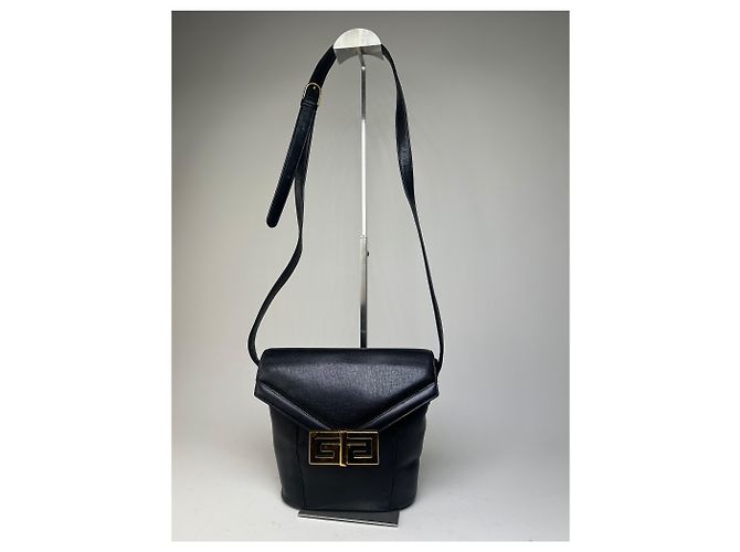 Vintage Givenchy Logo Prägeleder Schultertasche Schwarz Gold - Ansicht 13