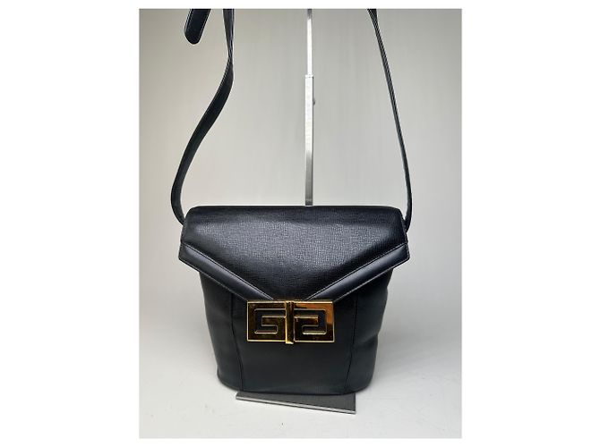 Vintage Givenchy Logo Prägeleder Schultertasche Schwarz Gold - Ansicht 9