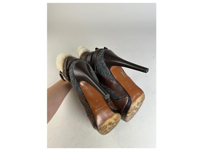 Autre Marque Vintage Etro Leather Wool Ankle Boots Brown Grey EU38 - view 2