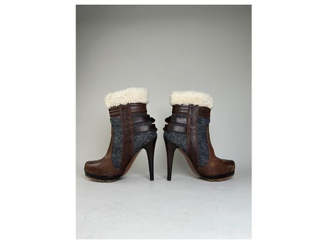 Autre Marque Vintage Etro Leather Wool Ankle Boots Brown Grey EU38 - view 4