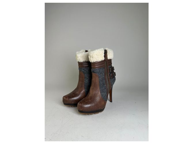 Autre Marque Vintage Etro Leather Wool Ankle Boots Brown Grey EU38 - view 5