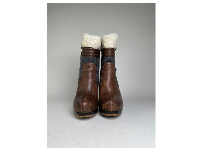 Autre Marque Vintage Etro Leather Wool Ankle Boots Brown Grey EU38 - view 6