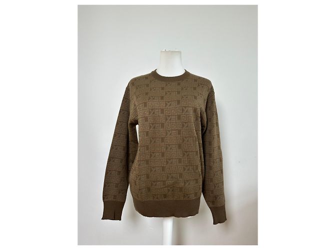 Yves Saint Laurent Pull en maille vintage Saint Laurent monogramme FF marron beige L - vue 10