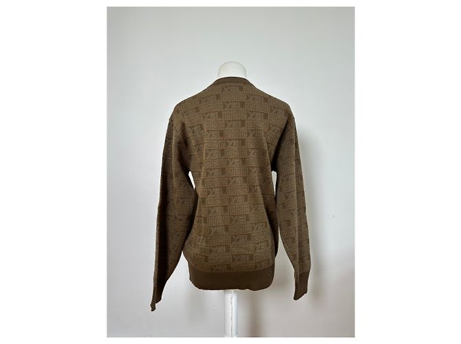 Yves Saint Laurent Pull en maille vintage Saint Laurent monogramme FF marron beige L - vue 11