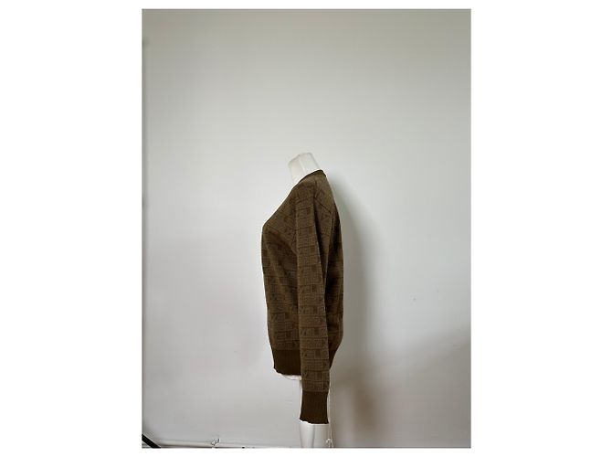 Yves Saint Laurent Pull en maille vintage Saint Laurent monogramme FF marron beige L - vue 2