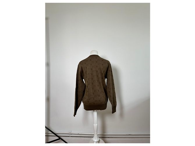 Yves Saint Laurent Pull en maille vintage Saint Laurent monogramme FF marron beige L - vue 3