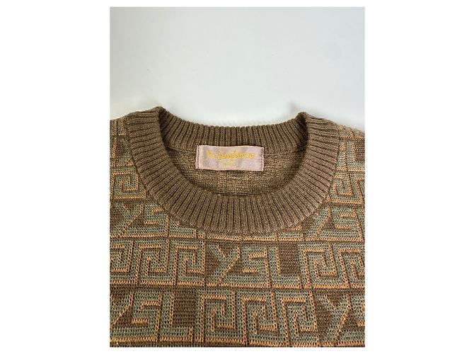 Yves Saint Laurent Pull en maille vintage Saint Laurent monogramme FF marron beige L - vue 4