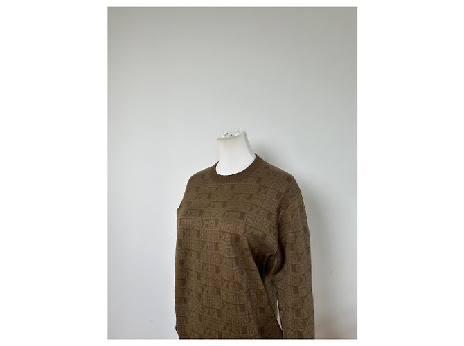 Yves Saint Laurent Pull en maille vintage Saint Laurent monogramme FF marron beige L - vue 5