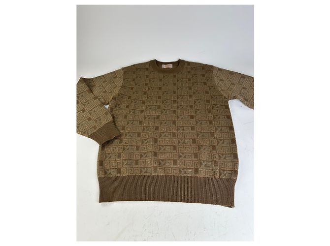 Yves Saint Laurent Pull en maille vintage Saint Laurent monogramme FF marron beige L - vue 6