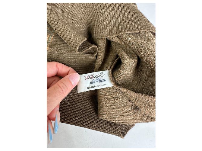 Yves Saint Laurent Pull en maille vintage Saint Laurent monogramme FF marron beige L - vue 8