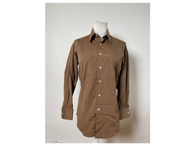 Yves Saint Laurent Camicia vintage Saint Laurent in misto cotone a righe marrone e crema M - vista 9
