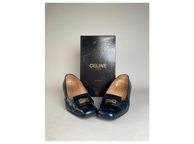Céline Vintage Celine Leder-Pumps Navy Gold EU37.5 Marineblau - Ansicht 11