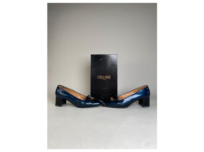 Céline Vintage Celine Leder-Pumps Navy Gold EU37.5 Marineblau - Ansicht 2