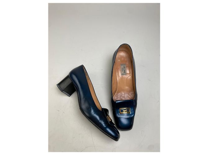 Céline Vintage Celine Leder-Pumps Navy Gold EU37.5 Marineblau - Ansicht 4