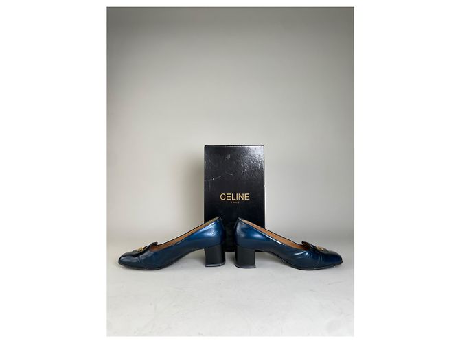 Céline Vintage Celine Leder-Pumps Navy Gold EU37.5 Marineblau - Ansicht 5