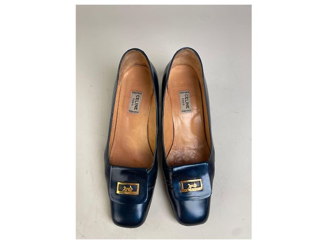 Céline Vintage Celine Leder-Pumps Navy Gold EU37.5 Marineblau - Ansicht 7