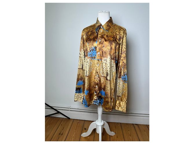 Vintage Givenchy Seidenhemd für Herren mit Print Häuser Bäume Gold Braun Blau L Golden - Ansicht 10