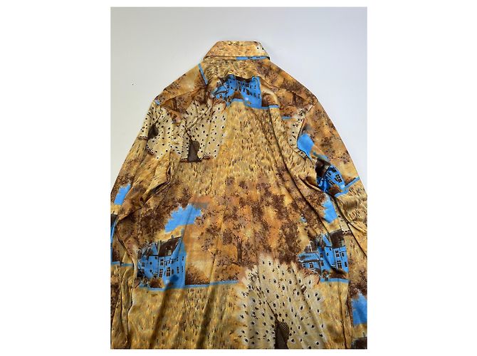 Vintage Givenchy Seidenhemd für Herren mit Print Häuser Bäume Gold Braun Blau L Golden - Ansicht 11