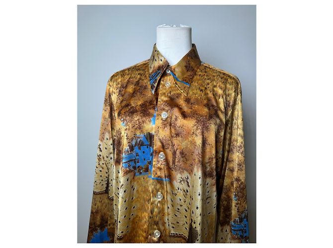Vintage Givenchy Seidenhemd für Herren mit Print Häuser Bäume Gold Braun Blau L Golden - Ansicht 12